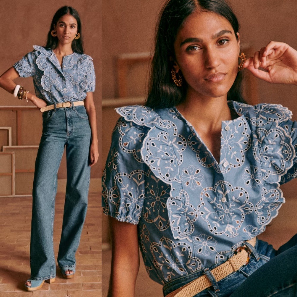 Sezane Jordanna Shirt 38 6 Denim Blue Ecru Floral Eyelet Ruffle Blouse